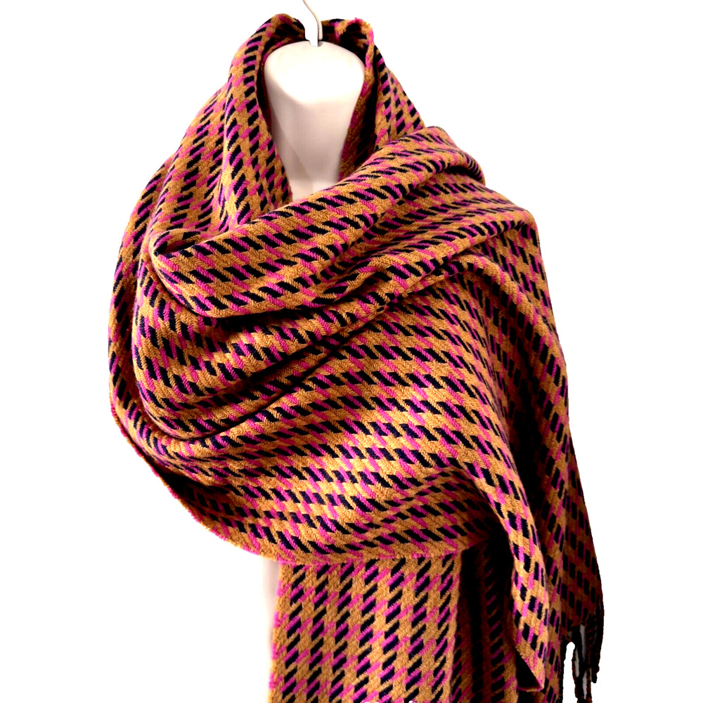 NWOT J Crew Wool Blend Scarf Camel Navy Blue Pink Geometric 22"x90"